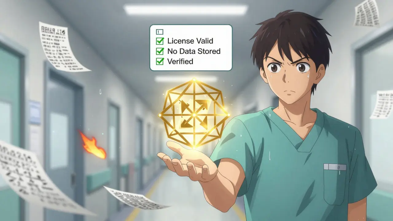 A doctor verifies a medical license with a glowing cryptographic proof, no patient data exposed.