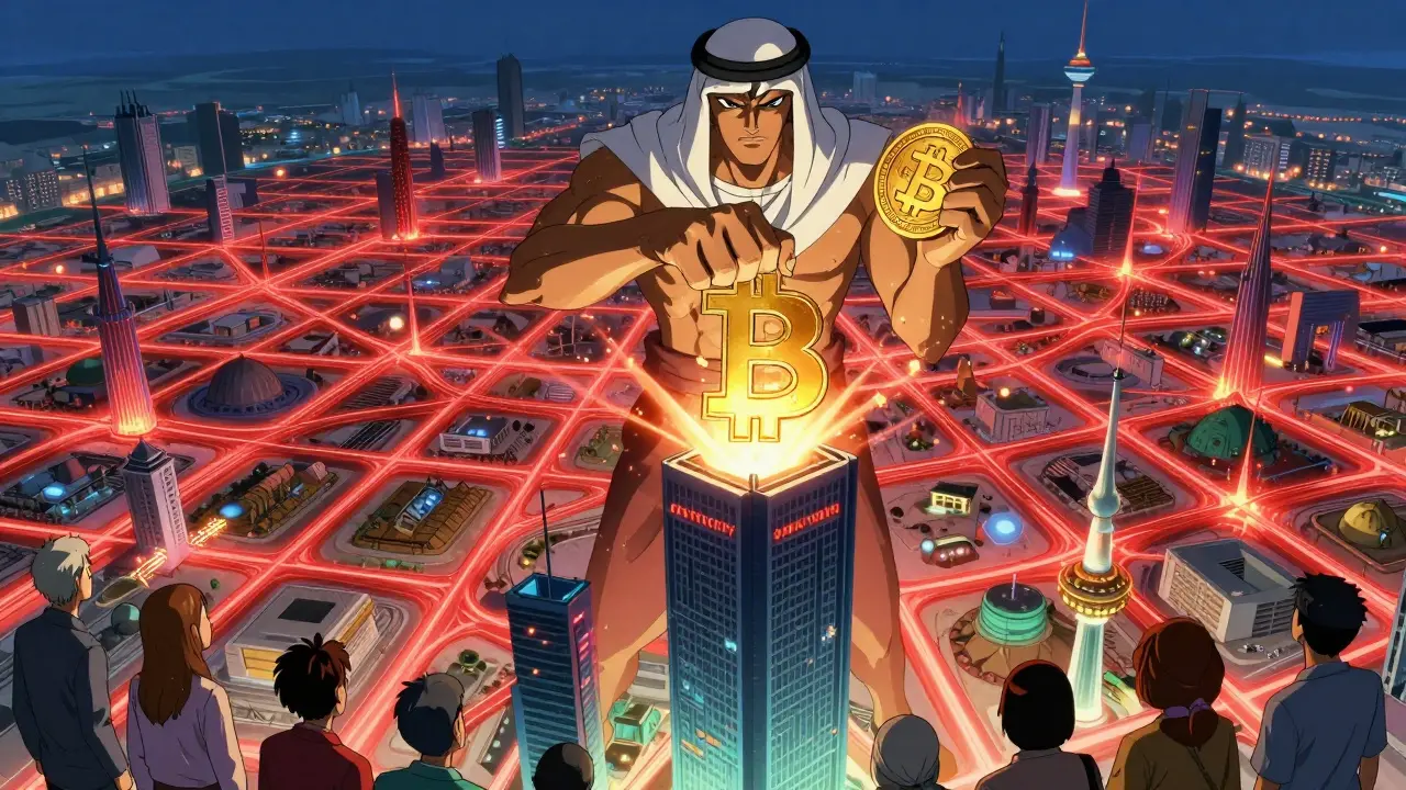 A giant Central Bank figure crushes Bitcoin while holding a digital dinar, saving the city from power collapse.