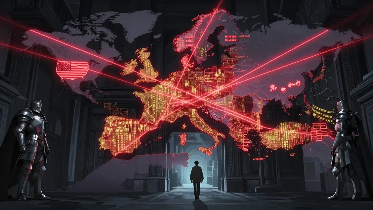 A global map with EU borders sealed by a digital gate, blocking crypto flows from non-compliant countries.