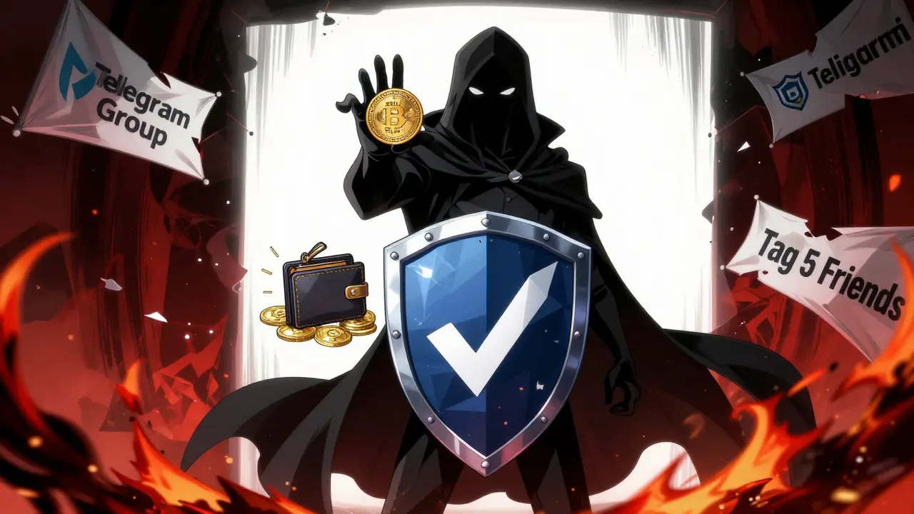 A hero blocks a scam portal with a blockchain shield while a villain tries to steal crypto in the shadows.