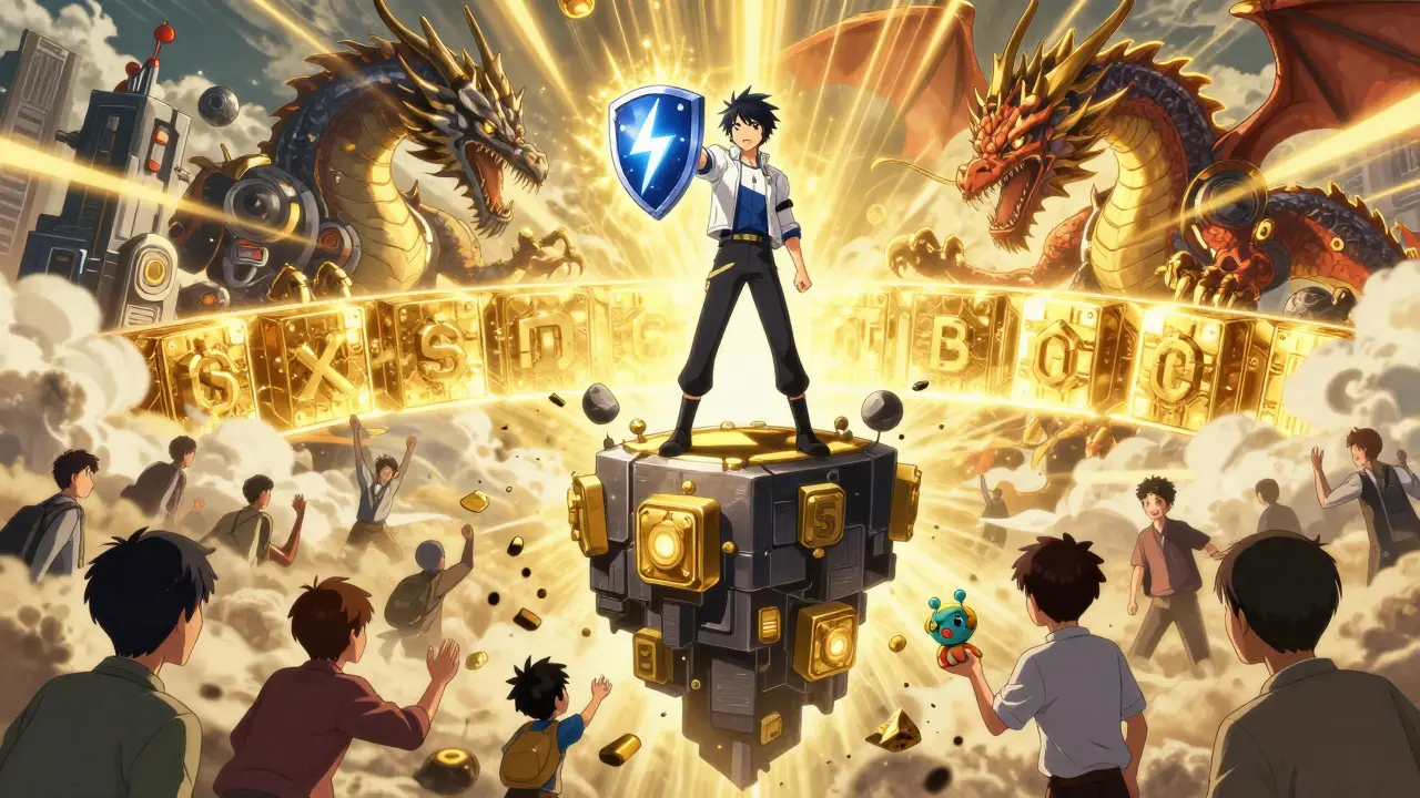 A hero defends against collapsing crypto payments with a Lightning Network shield, sealing away a double-spend dragon.