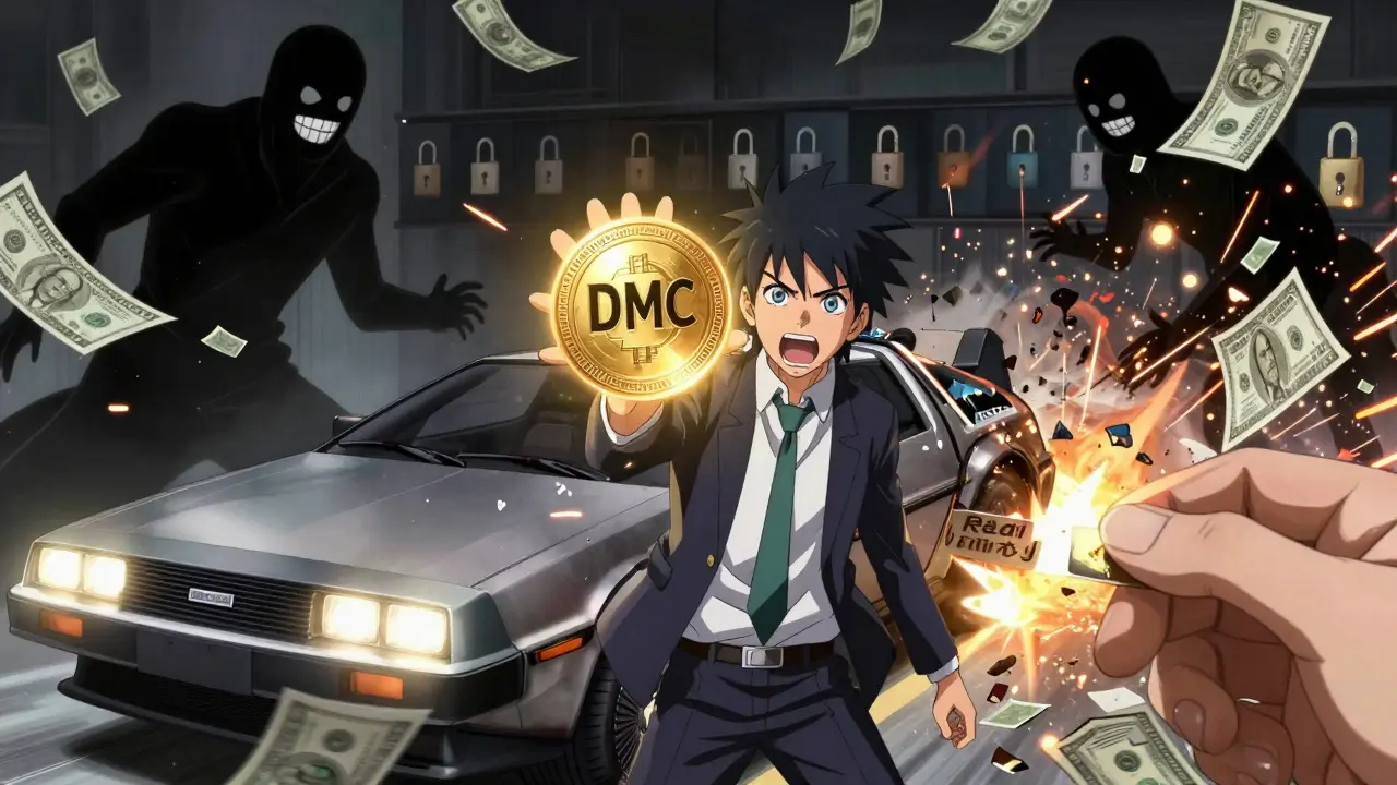 A hero’s DMC token transforms into a DeLorean Alpha 5, destroying a shadowy symbol of crypto speculation.