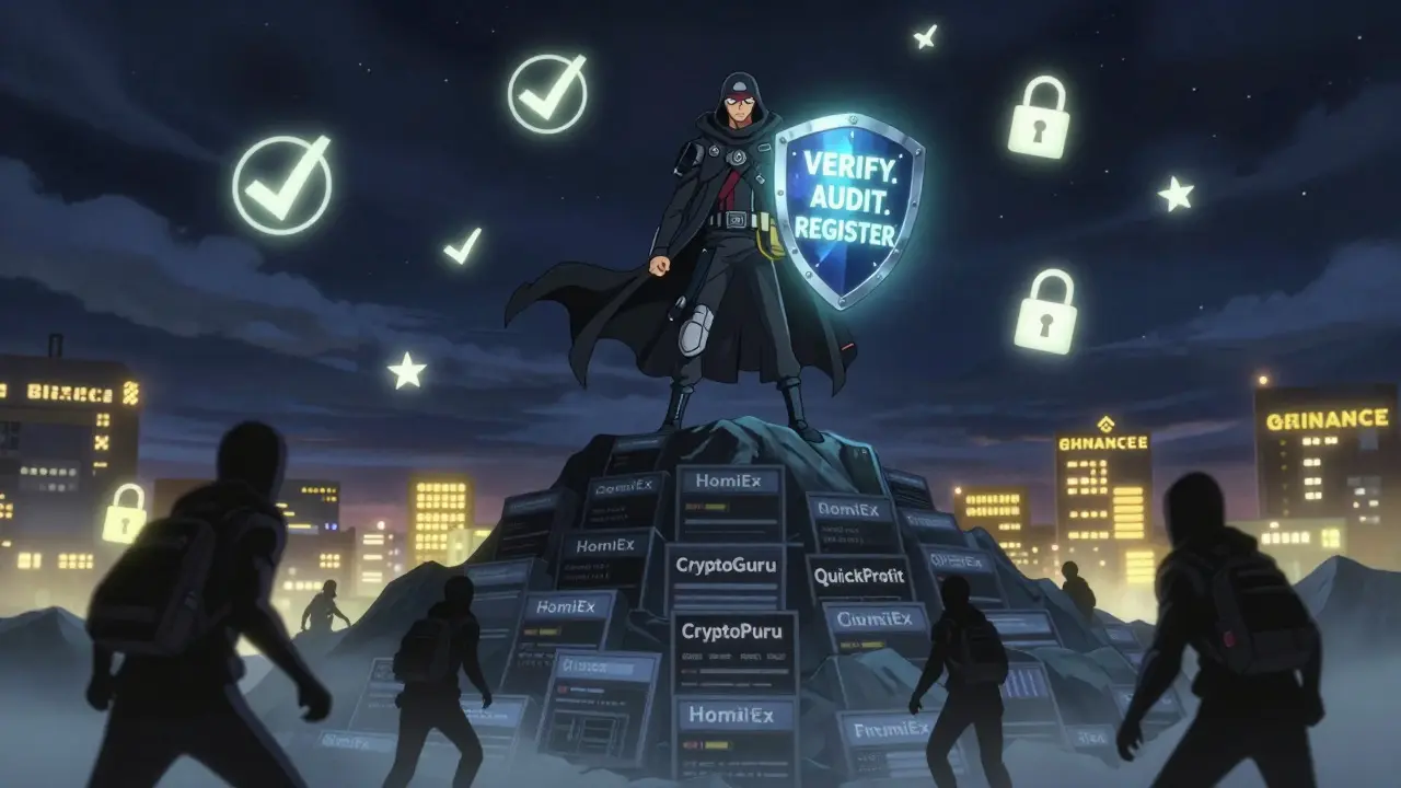 A hero stands atop a pile of scam websites, holding a shield of verification as fake exchanges flee into darkness.
