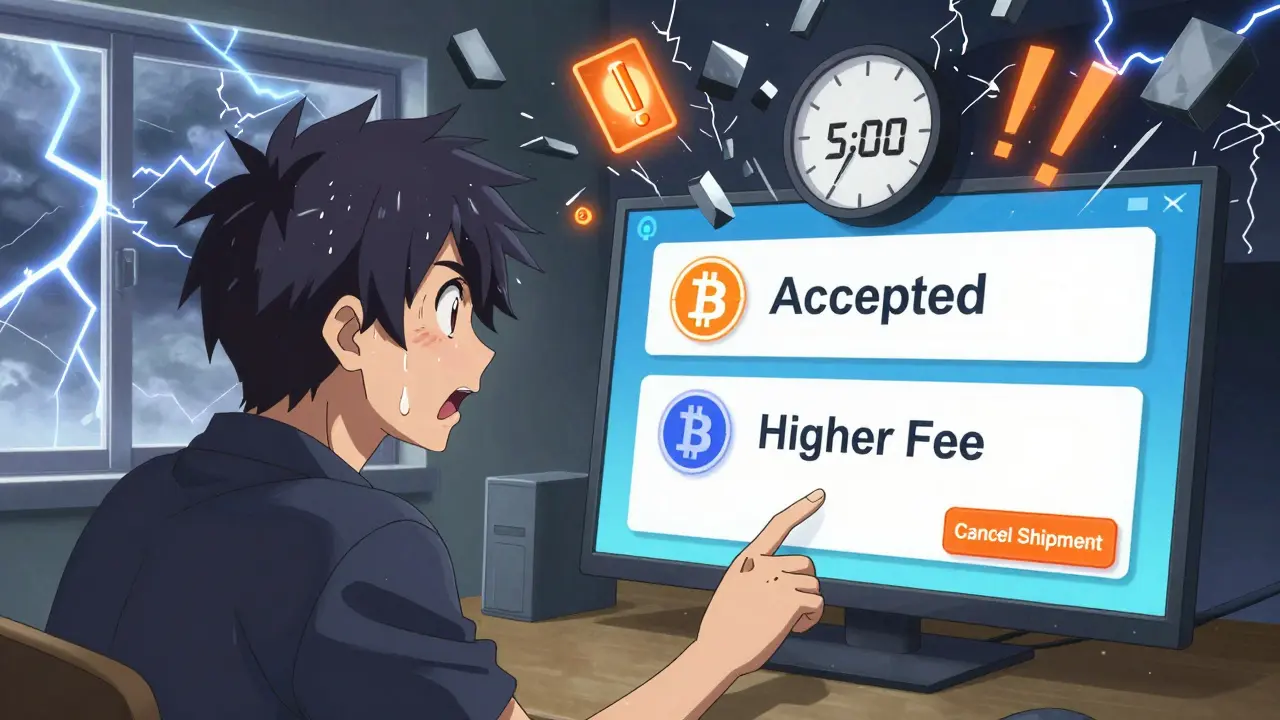 A merchant faces two competing Bitcoin transactions on screen, clock ticking down, digital storm swirling around them.