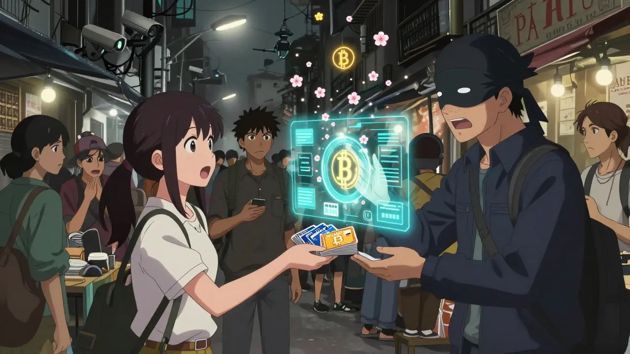 A P2P crypto trade in Hanoi with gift cards and holographic blockchain transactions under streetlights.