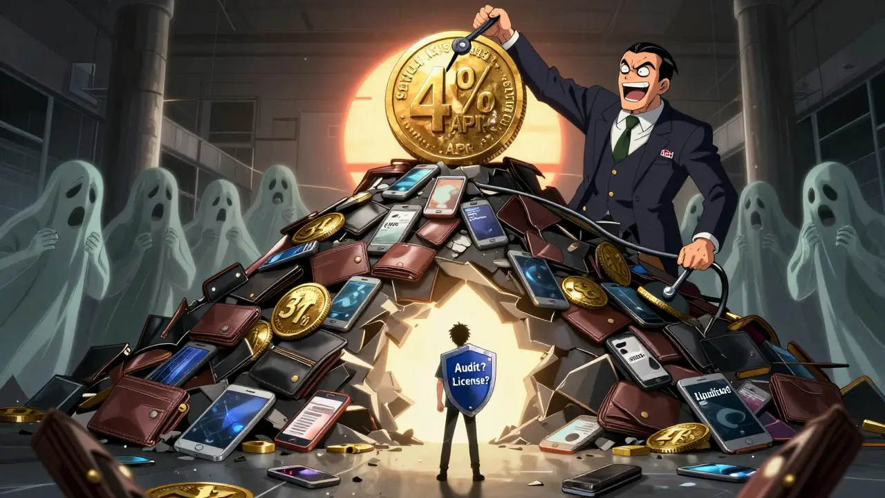 A scale balancing a small savings coin against a mountain of broken wallets, with a villain holding a 425x lever.