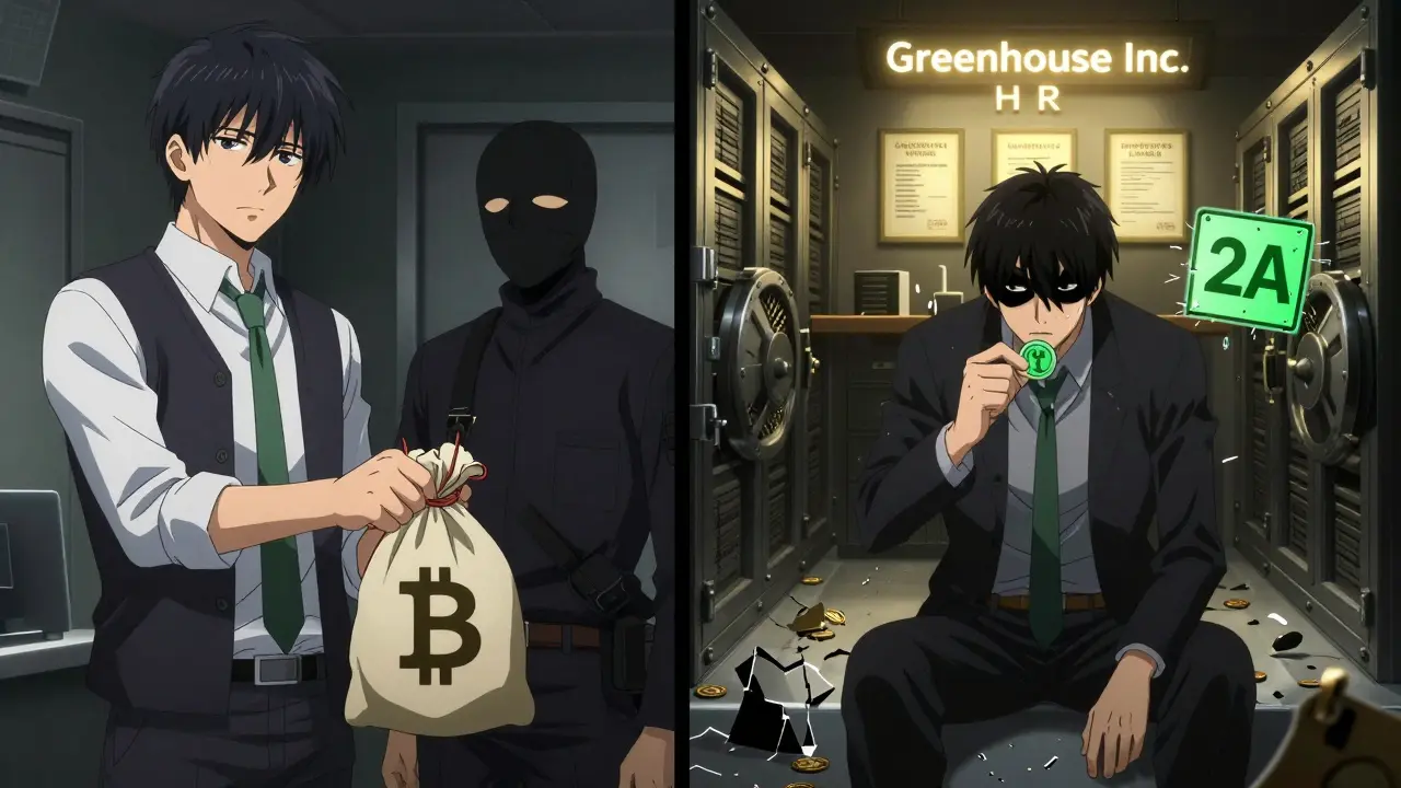 A split scene: investor trusting a fake exchange vs. alone with a token, while a legitimate HR company shines safely in the background.