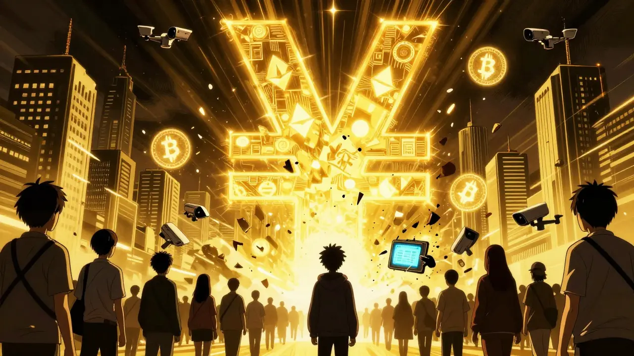 A towering digital yuan symbol crushes fading cryptocurrency icons over a futuristic Chinese cityscape.