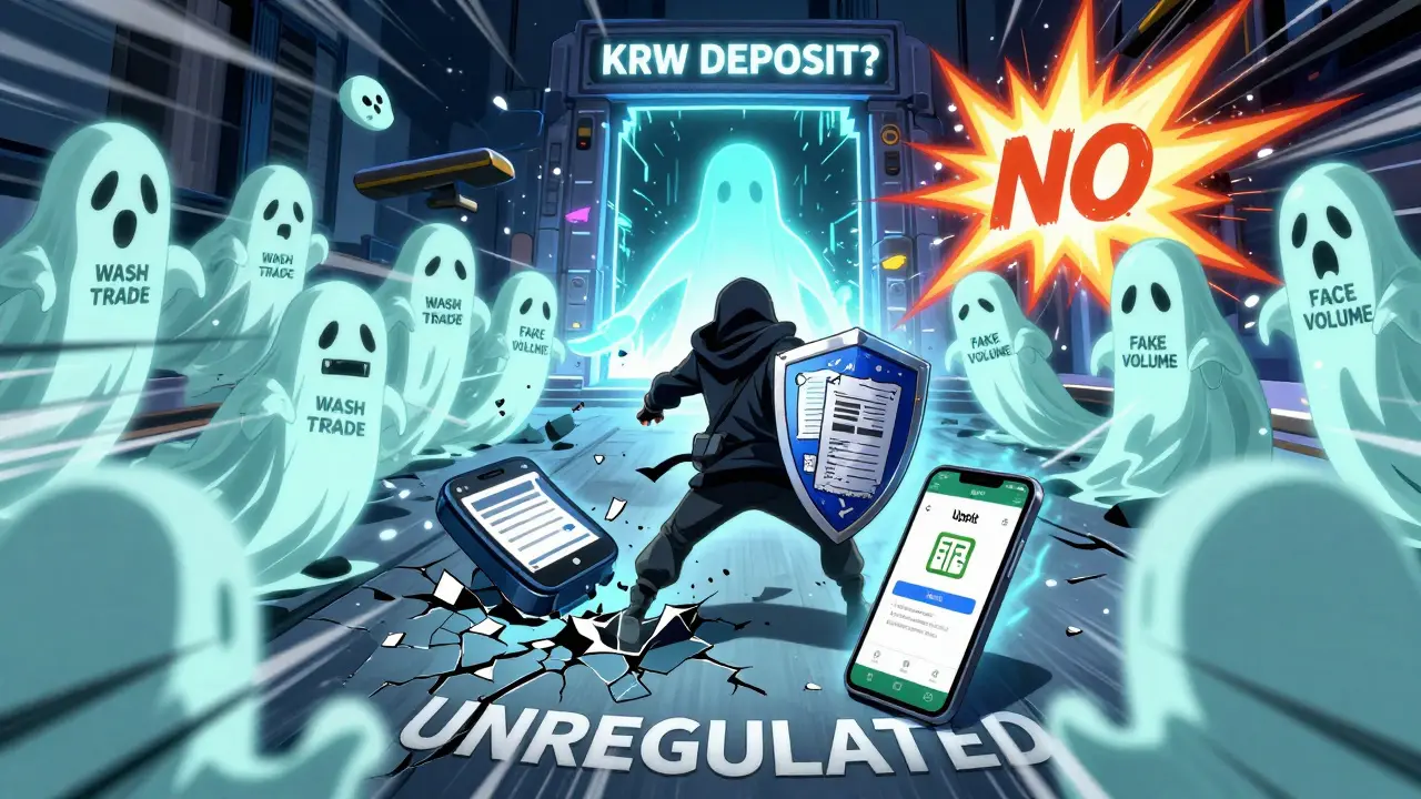 A warrior battles fake trading bots on a cracked unregulated battlefield, shielded by a license document, while a broken app lies nearby.