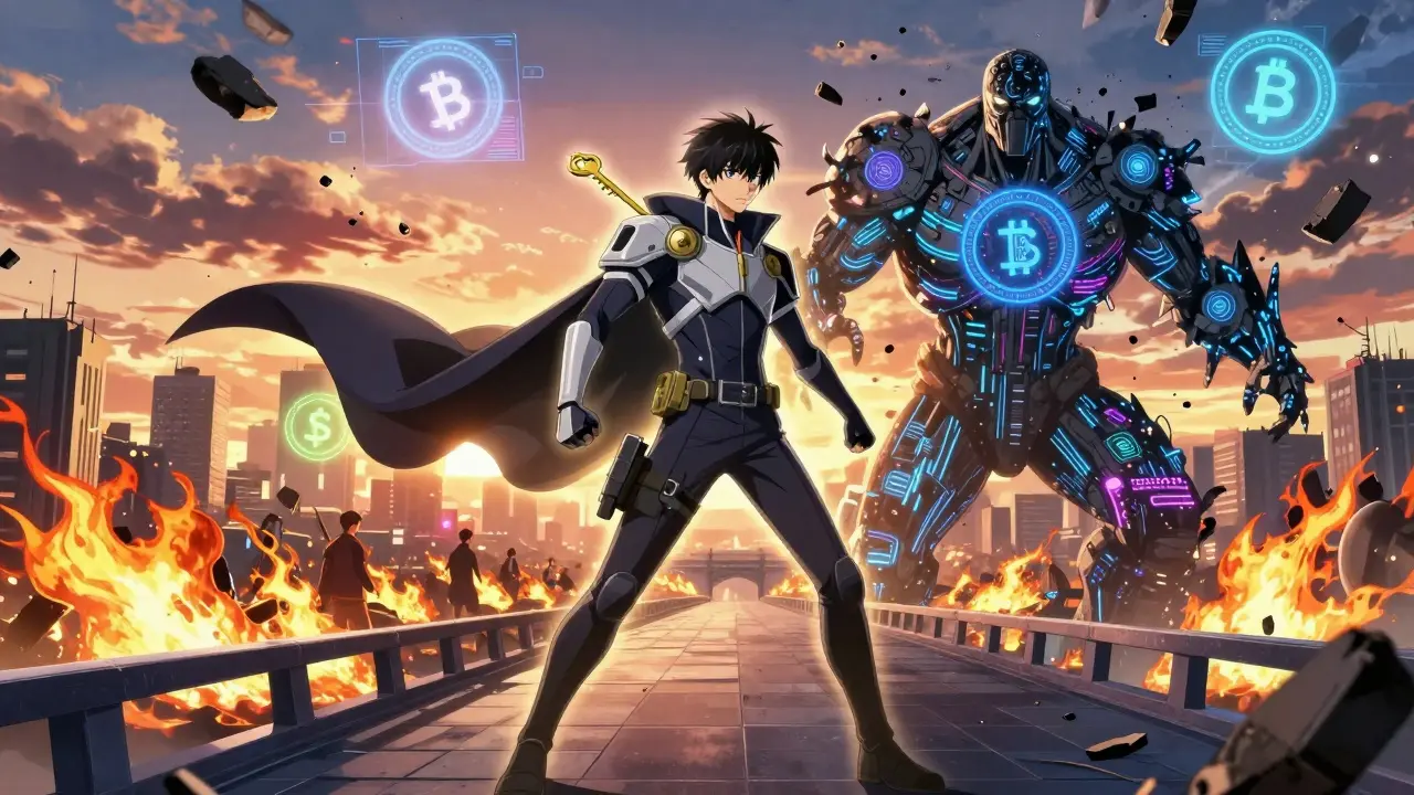 A warrior with a private key cape battles a monstrous 'Unregulated Exchange' entity on a crumbling blockchain bridge.