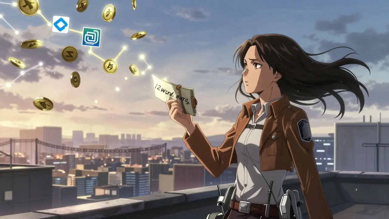A woman releases her crypto seed phrase as paper turns into glowing coins, rising toward decentralized exchange constellations.