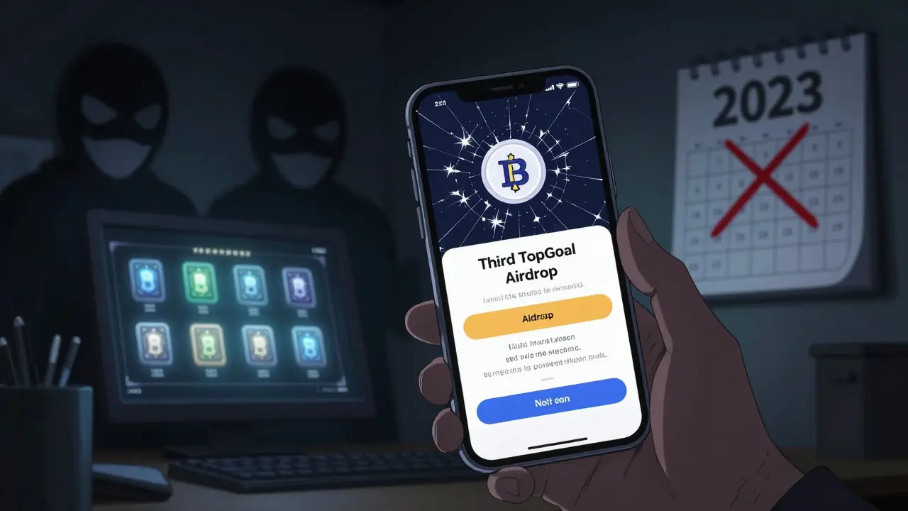 A young trader staring at a fake airdrop link while real 2022 NFTs glow on the wall behind.