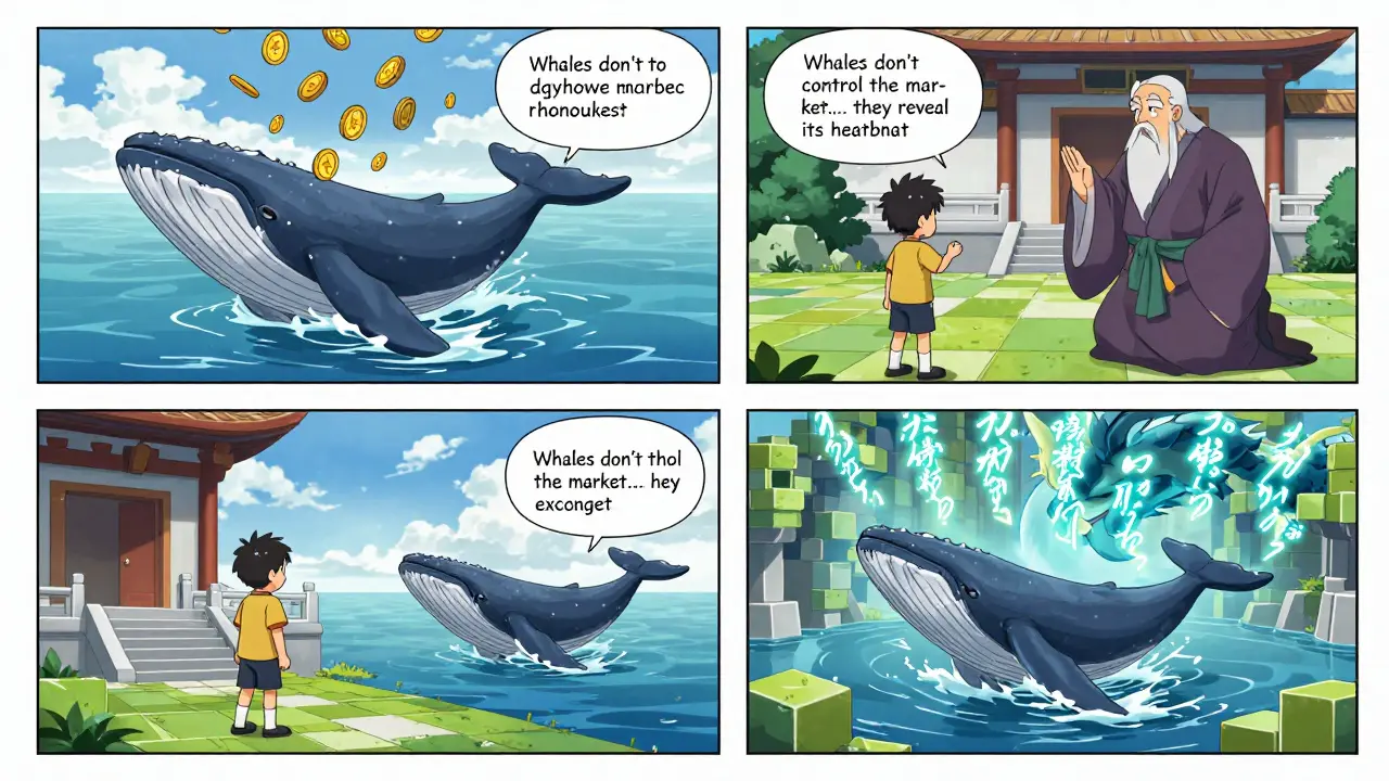 A young trainee learning whale tracking from a mentor in a blockchain temple, digital dragons forming from wallet clusters.
