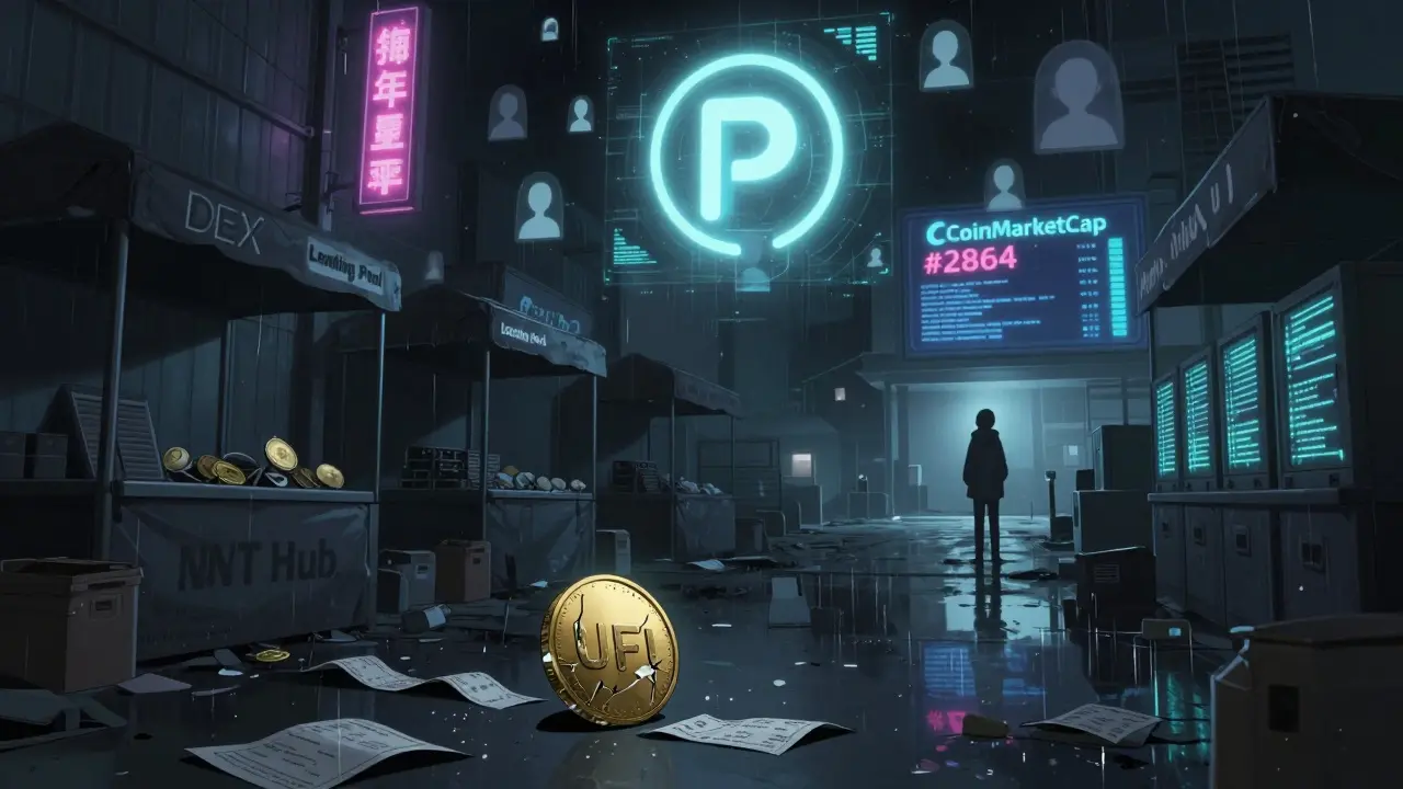 An abandoned DeFi marketplace with a fading UFI token and ghostly hologram under a #2864 market rank, symbolizing lack of adoption.