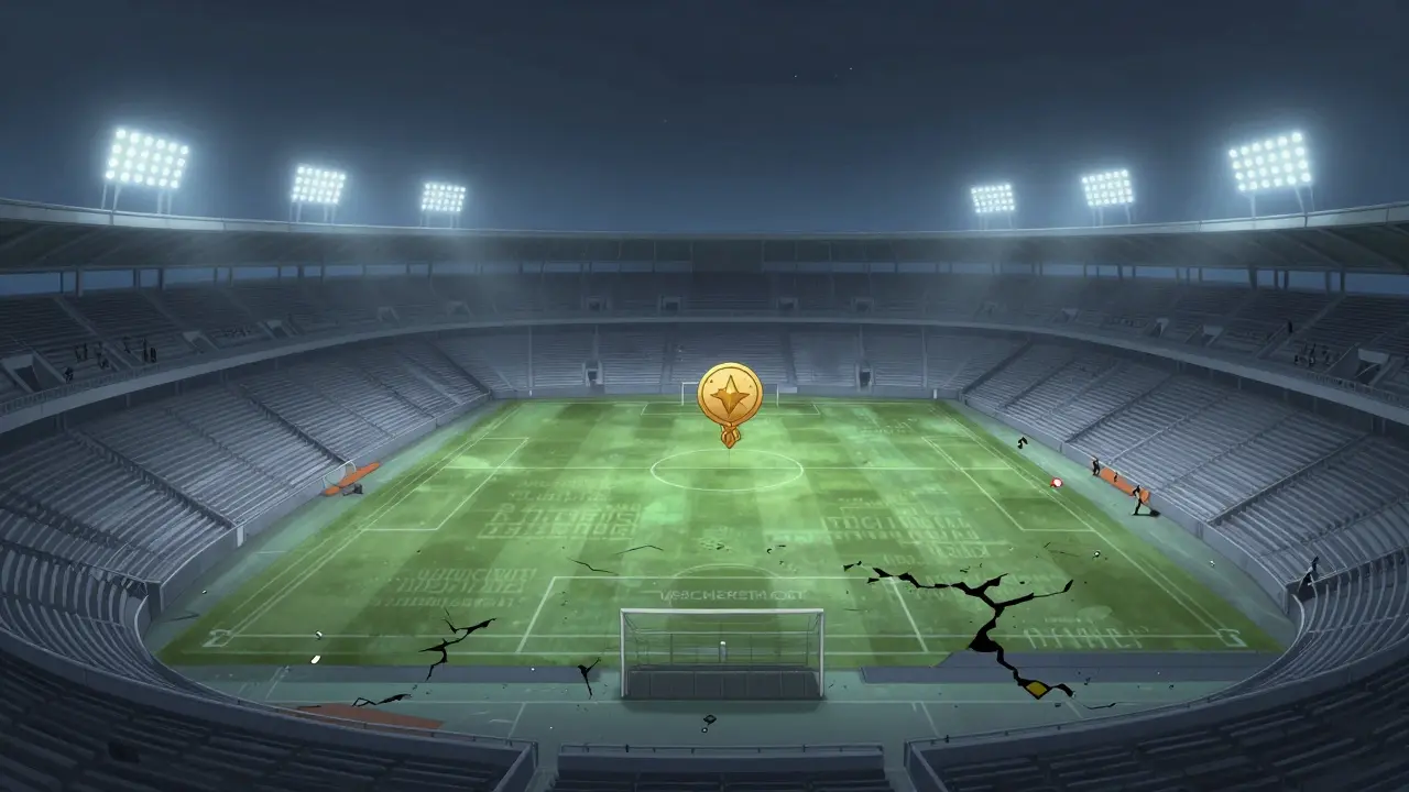 An abandoned digital football stadium floating in darkness, a single GOAL token hovering alone.