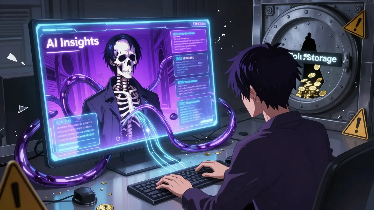 An AI interface with dark tentacles draining coins from a vault, while a trader’s reflection shows a skeleton.