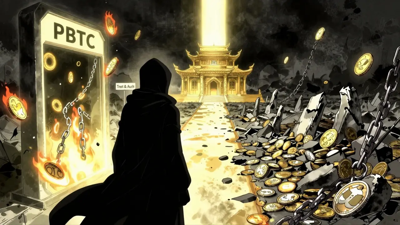 Anonymous figure faces a glowing PBTC contract with two paths: one to trust, one to a graveyard of dead coins.