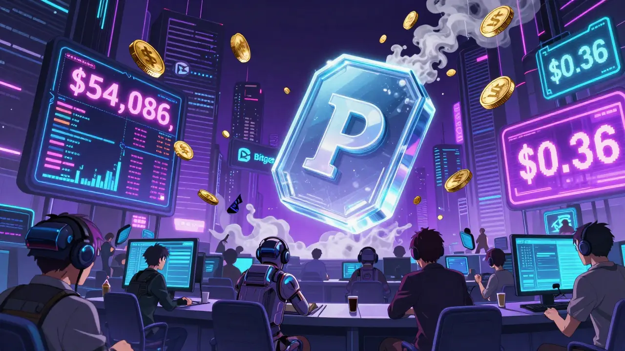 Chaotic trading floor with exploding price charts and a shrinking purple Bitcoin token above.