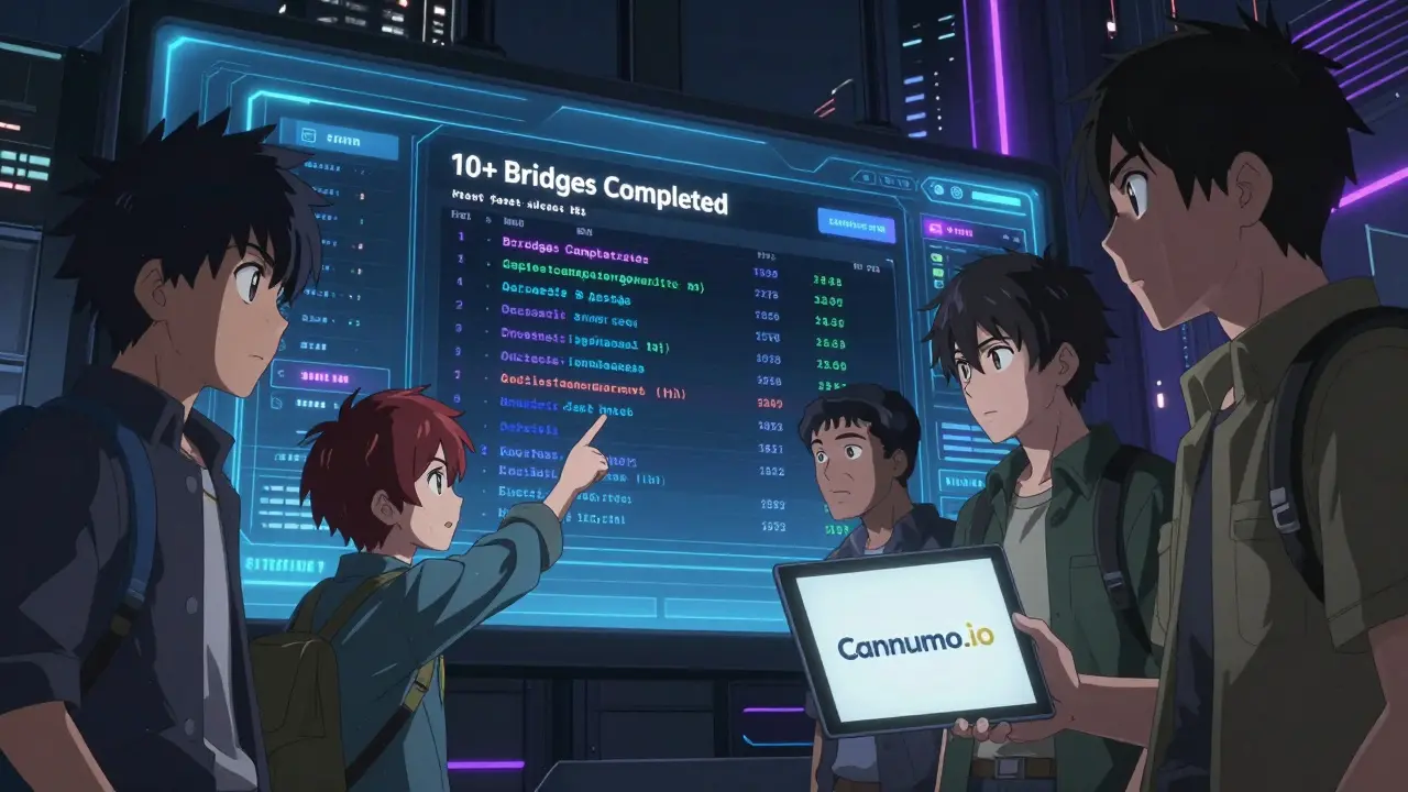 Characters analyze a blockchain explorer screen showing testnet activity, determined expressions on their faces.