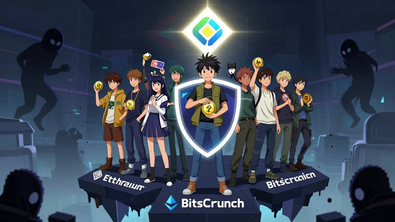 Developers and collectors stand united on a blockchain platform, shielded by BCUT tokens from scammer shadows.