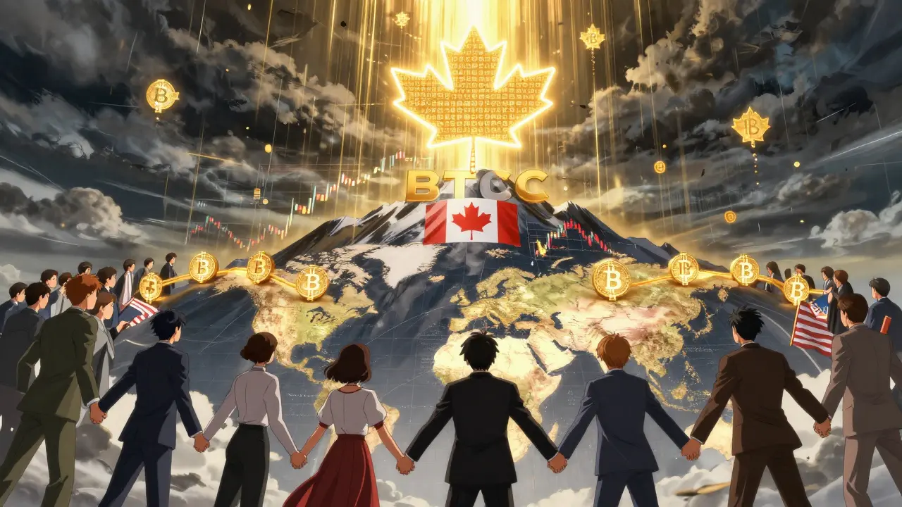 Global investors form a chain of Bitcoin symbols leading to the BTCC logo on a mountain of charts.