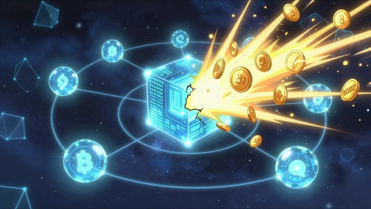 Glowing lite nodes orbit an AI core as fraudulent data is destroyed and BCUT tokens explode in justice.