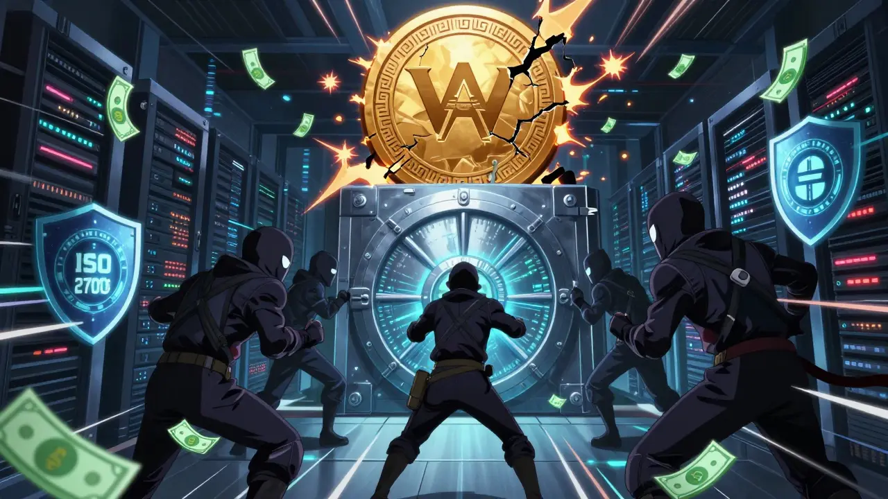 Hacker-ninjas battle privacy-coin monsters in a digital server room protected by encrypted shields and AED banknotes.