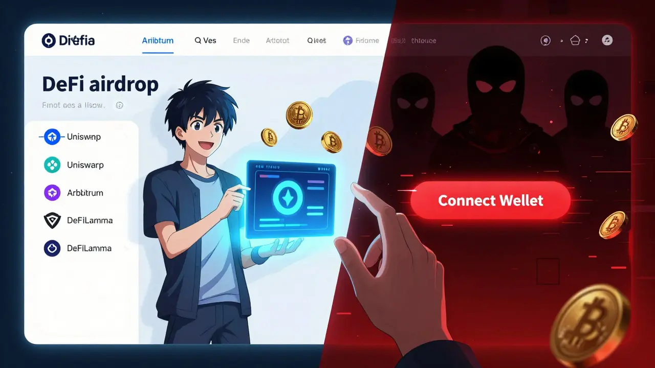 Hero choosing between a verified DeFi airdrop and a glitching scam site, split-screen contrast in anime style.