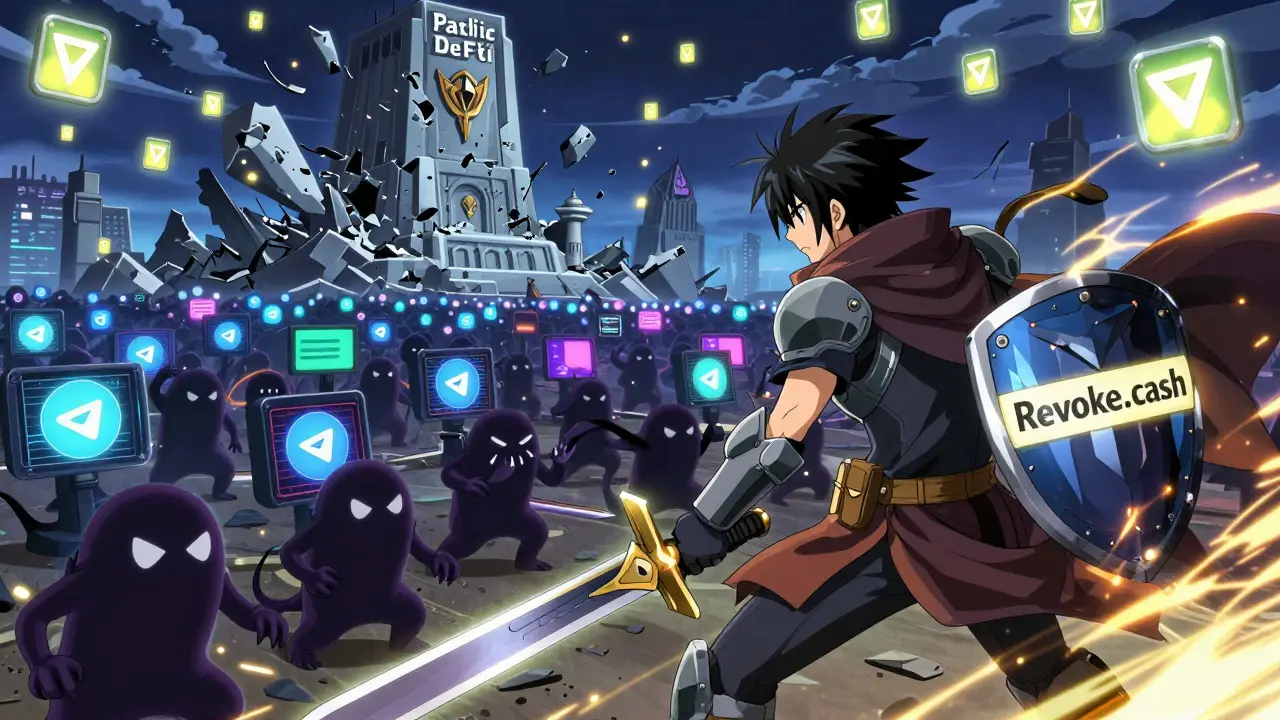 Heroes battle scam creatures in a digital war, crushing a collapsing 'Pacific DeFi' monument with verification badges falling.