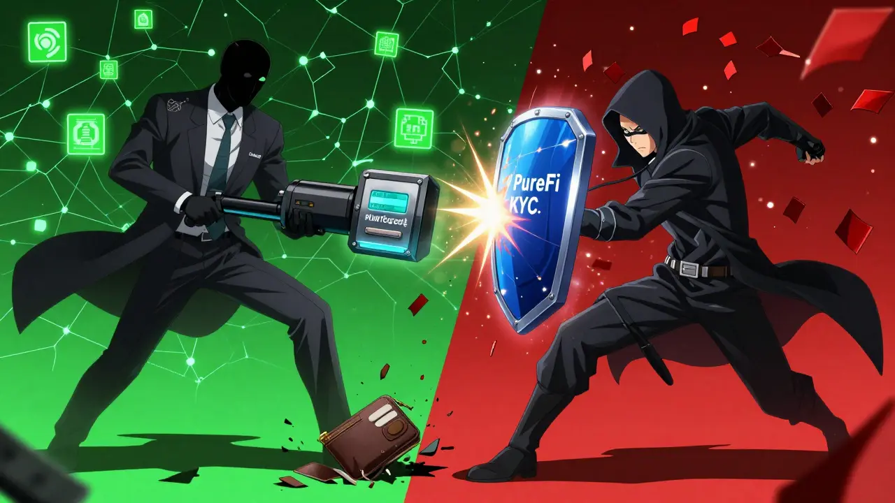 PureFi's zero-knowledge shield clashes with traditional KYC enforcement in a dramatic anime-style battle between decentralized and centralized compliance.