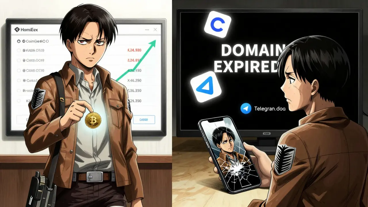Split scene: one side shows fake crypto deposits, the other shows a black screen with 'DOMAIN EXPIRED' and despair.