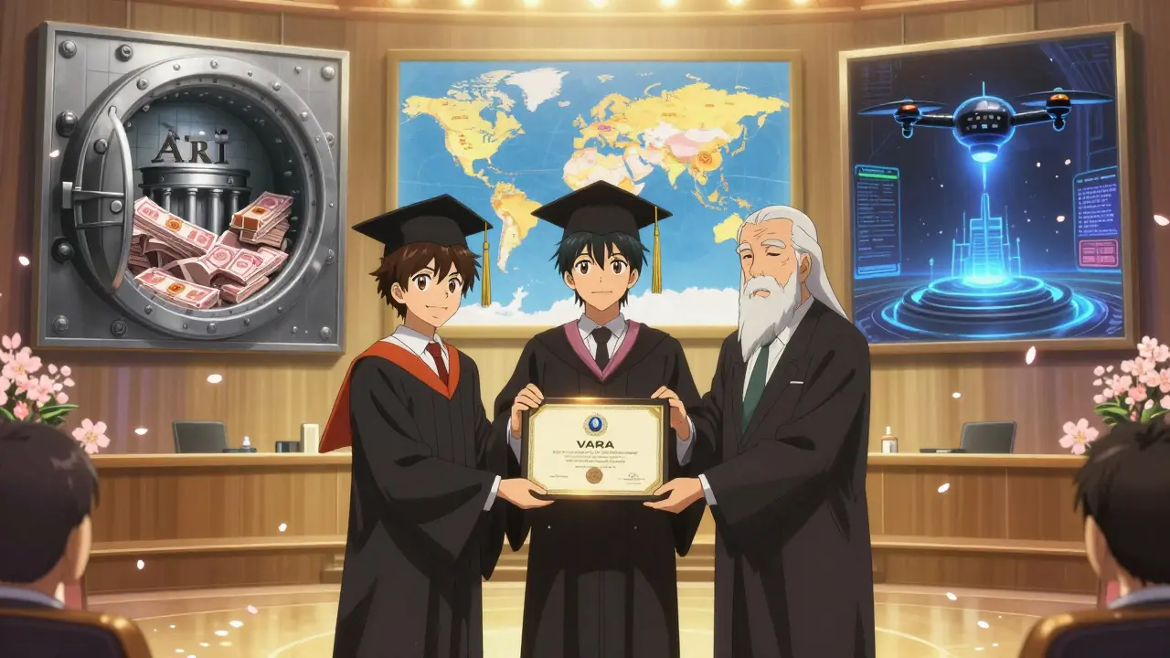 Three founders receive VARA licenses in a futuristic ceremony, with scenes of compliance and global regulation behind them.