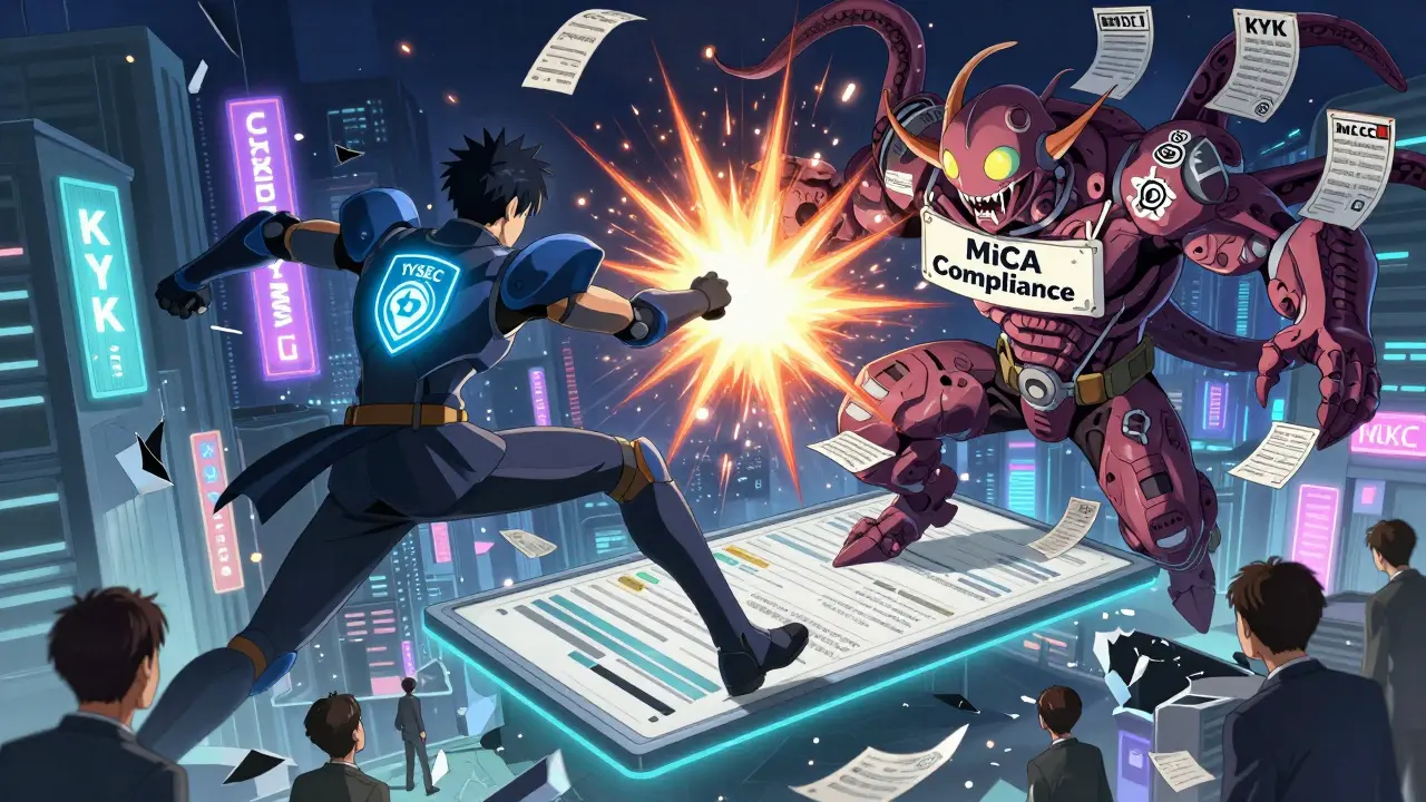 Two armored figures battle atop a floating ledger, one representing a crypto exchange, the other the MiCA compliance monster, with blocked transactions flying around them.