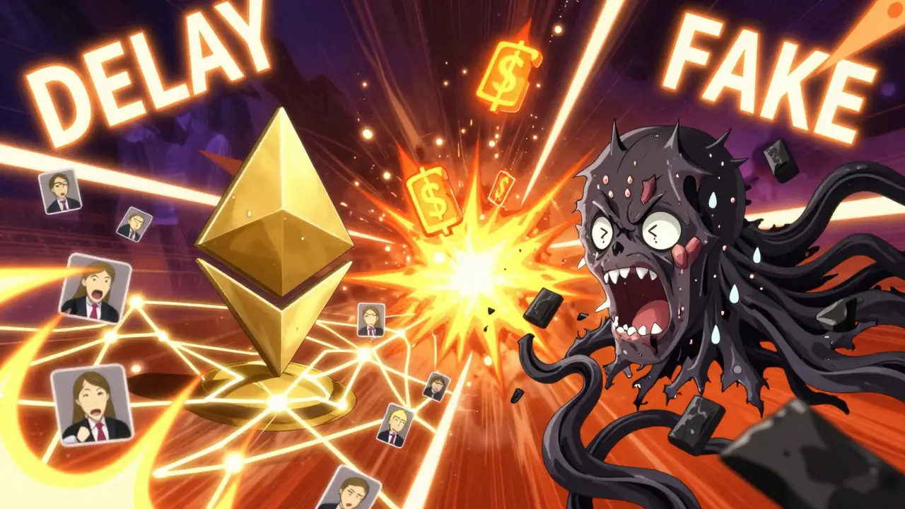 Two Ethereum nodes in battle, one golden and shielded, the other corrupted, with transaction icons shattering around them.