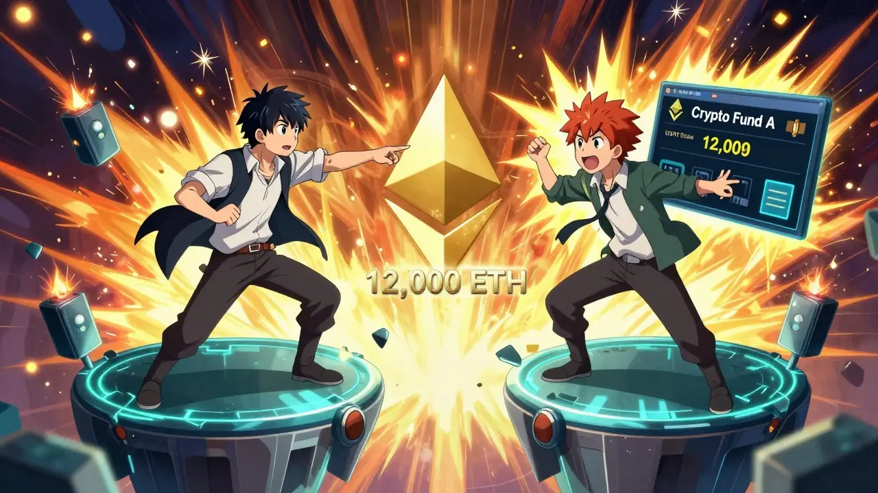 Two traders in a high-stakes battle above a blockchain, one revealing a whale transfer with animated alerts.