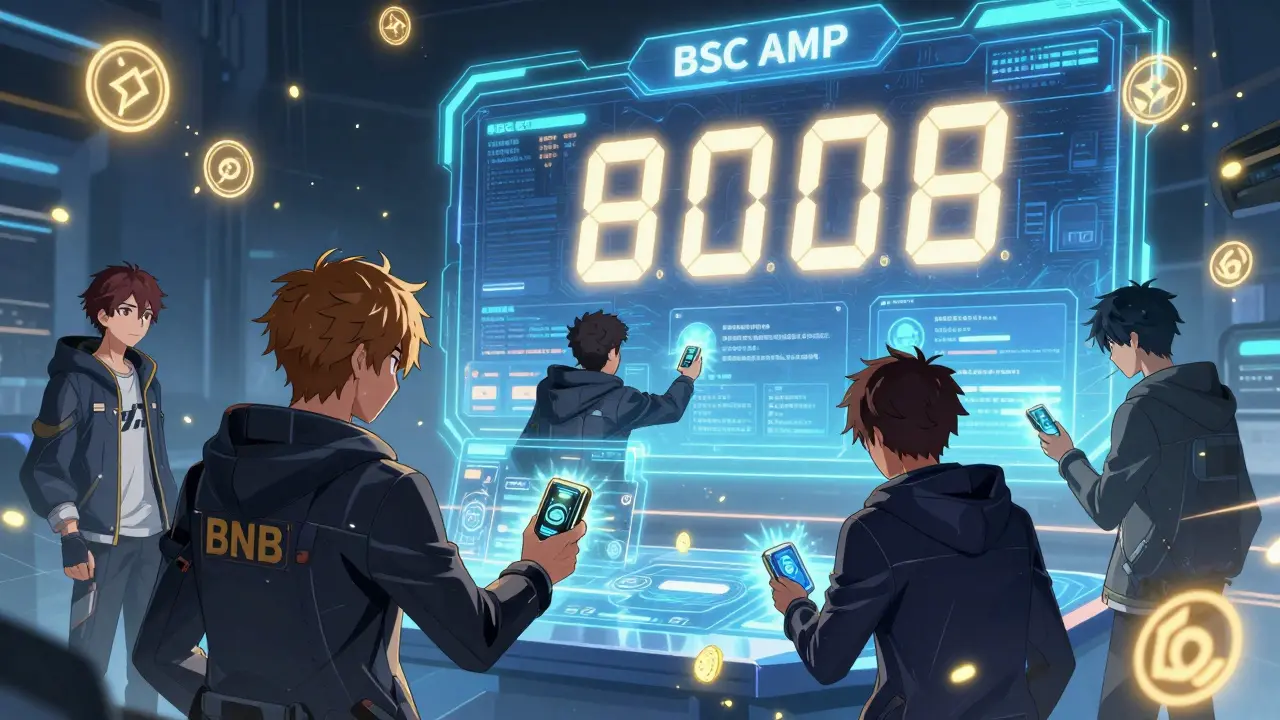 Young explorers interacting with a holographic BSC AMP dashboard, tokens swirling around them.