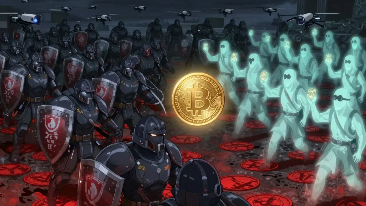 A battlefield where e-CNY soldiers advance against fading crypto traders, with a glowing digital yuan coin dominating the center.
