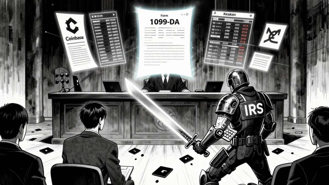 A courtroom scene with a glowing tax form and automated ledgers, as an investor faces an IRS agent with a calculator-sword.