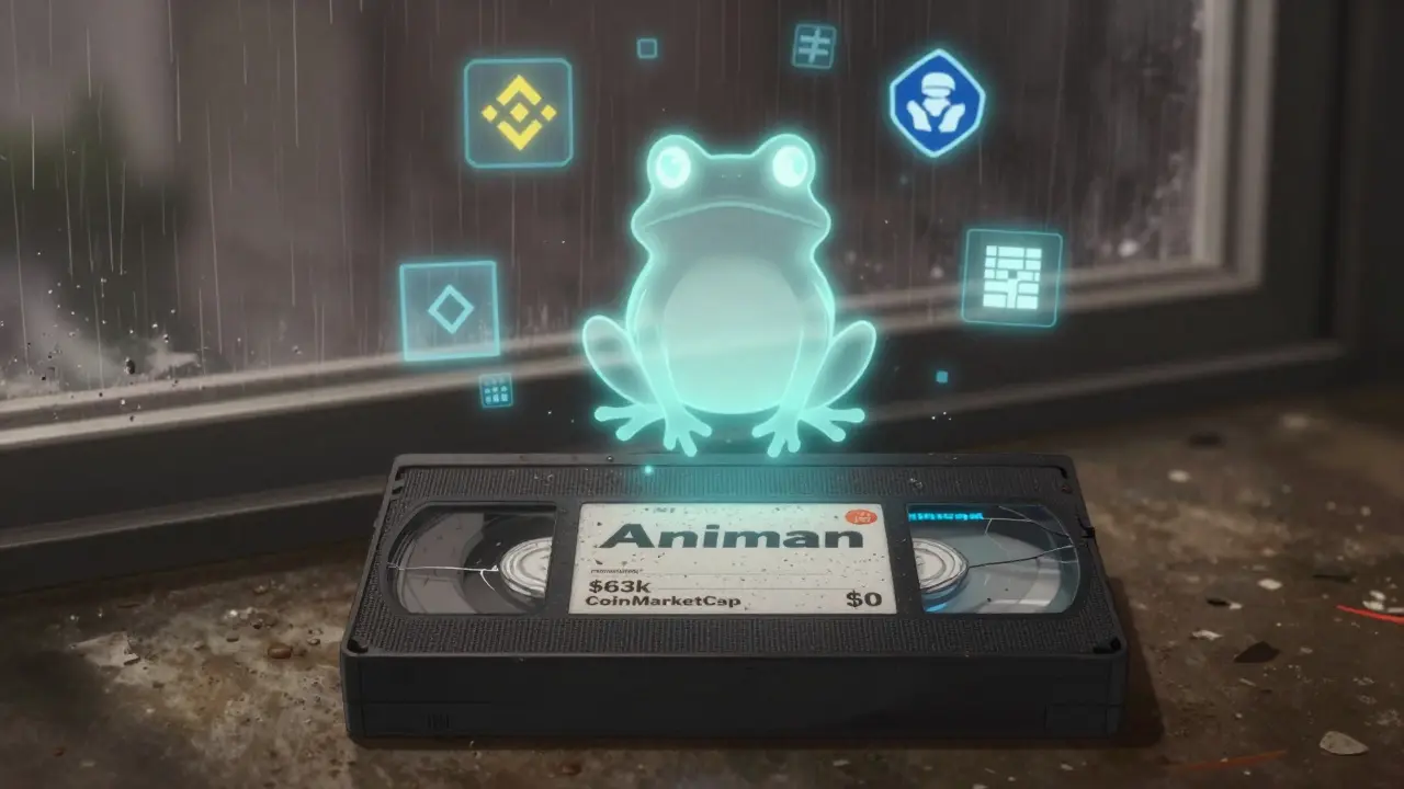 A dusty VHS tape labeled 'Animan' floats above a screen showing conflicting crypto data in anime style.