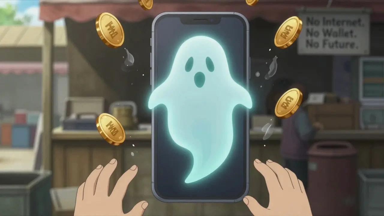 A ghostly app hovers over a silent phone as HMQ tokens fade to ash in an empty market.