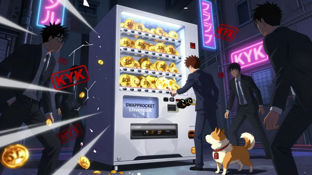 A giant SwapRocket vending machine dispenses Solana coins while corporate KYC stamps shatter in a cyberpunk alley.