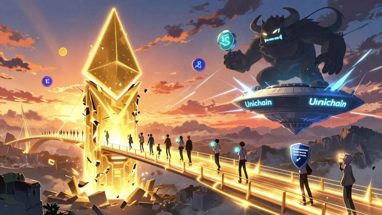 A glowing bridge connects Ethereum to Unichain as traders cross, defended by fault-proof shields against centralization.