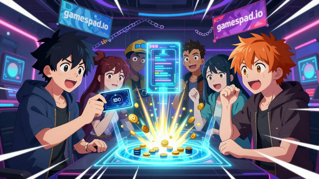 A group of characters interacting with a holographic console displaying NFT access and staking rewards in a neon-lit lounge.
