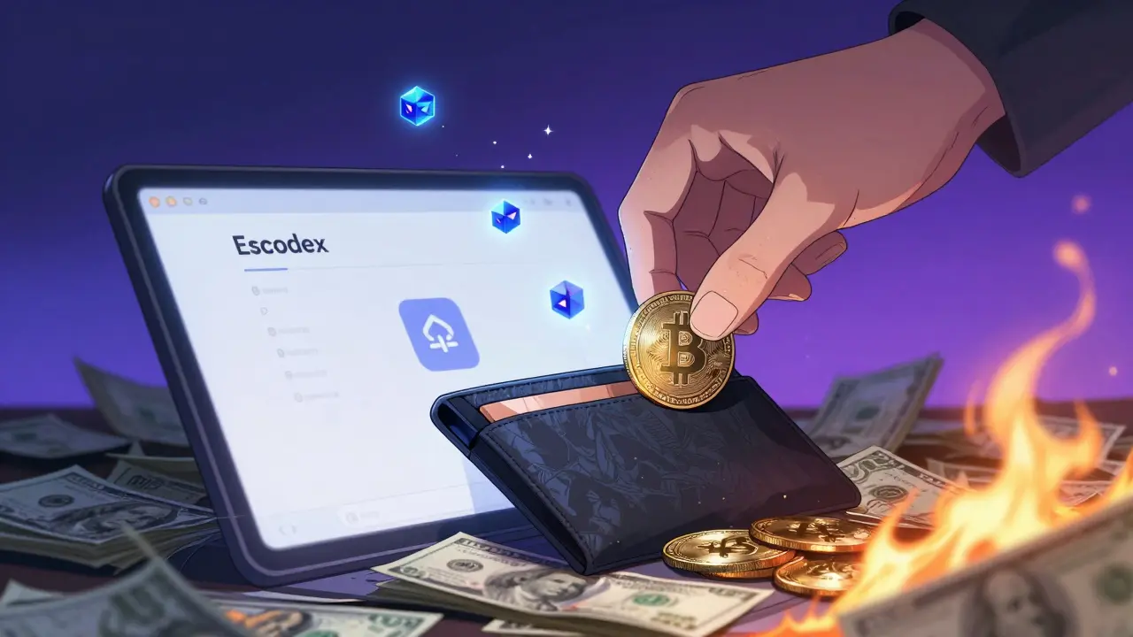 A hand transferring crypto from a hardware wallet into Escodex, while fiat bills burn nearby, with blockchain nodes like ninja stars in motion.