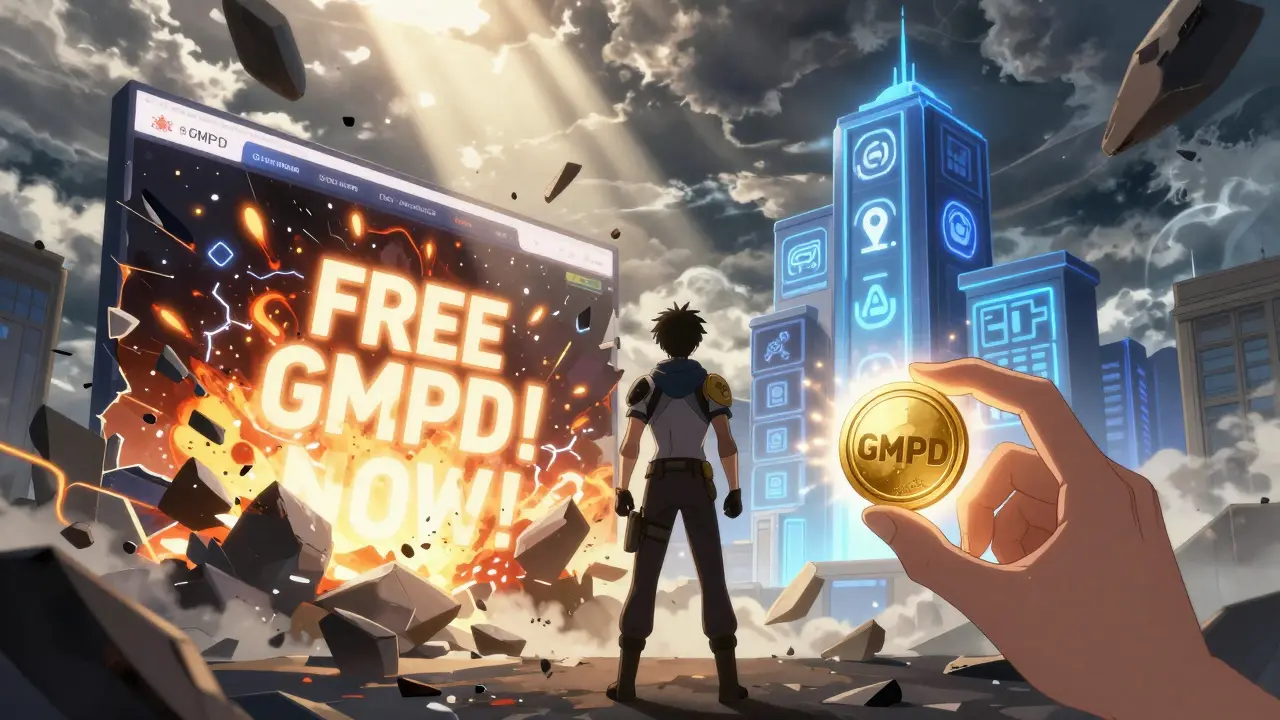 A hero defeating a fake crypto site while the real GamesPad tower glows behind them, holding a protective GMPD token.
