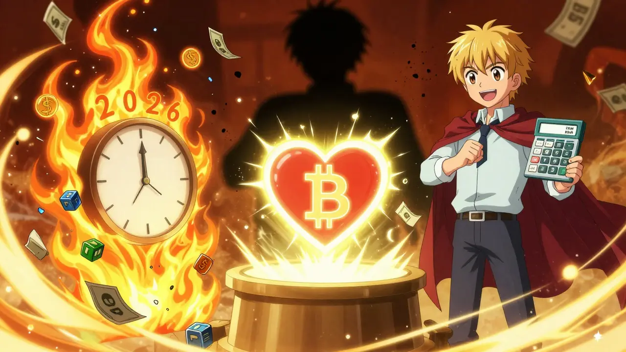 A hero donates Bitcoin to a charity heart, while tax bills crumble and a CPA offers guidance under a 2026 clock.