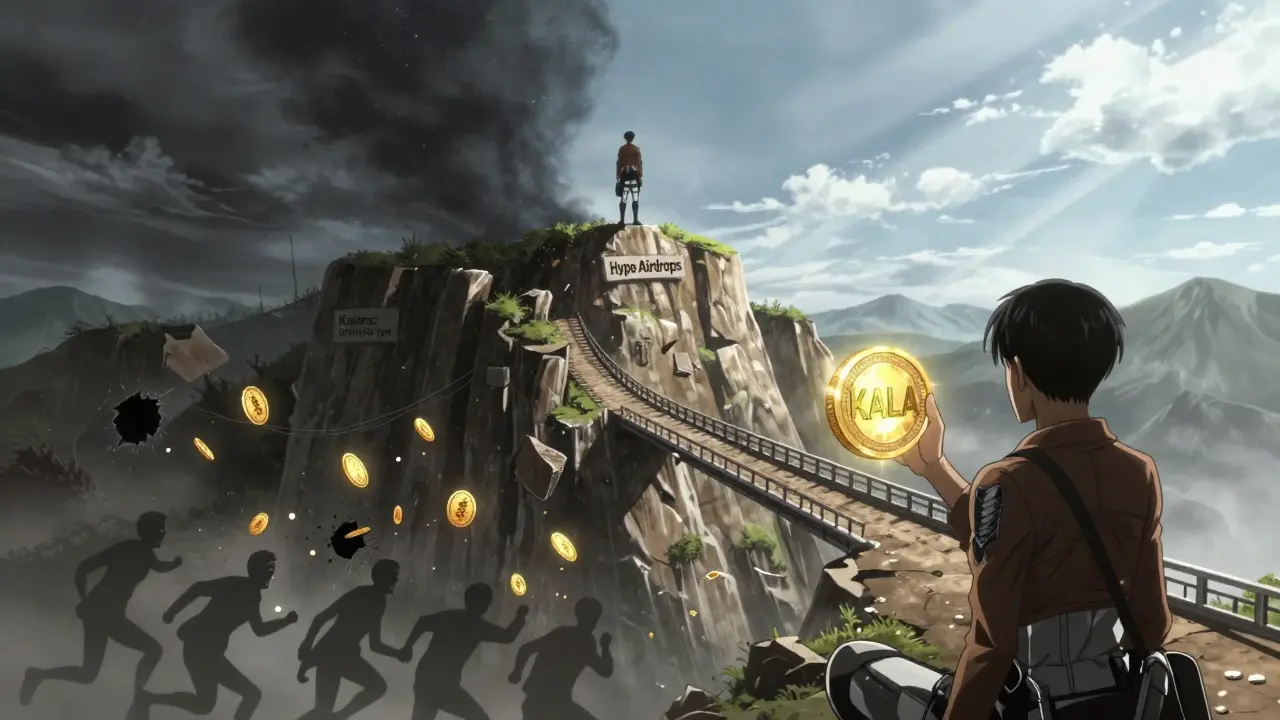 A lone figure stands atop a mountain of hype, looking down at a path leading to real-world assets powered by KALA tokens.