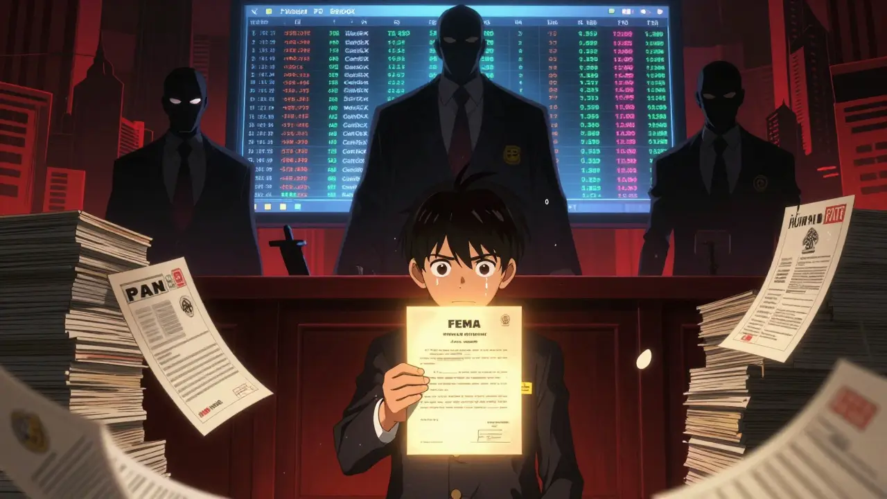 A teenager stands trial before a judge made of legal documents, with crypto enforcement entities looming in the background.