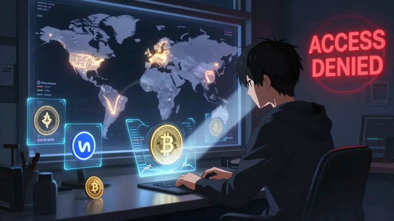 A young person stares at their non-custodial wallet as 'ACCESS DENIED' glows on a digital wall behind them.