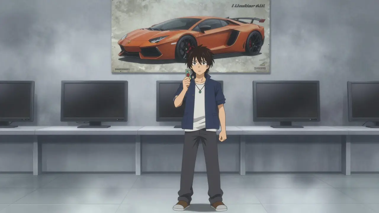 Anime character at empty trading floor with faded Lamborghini poster.